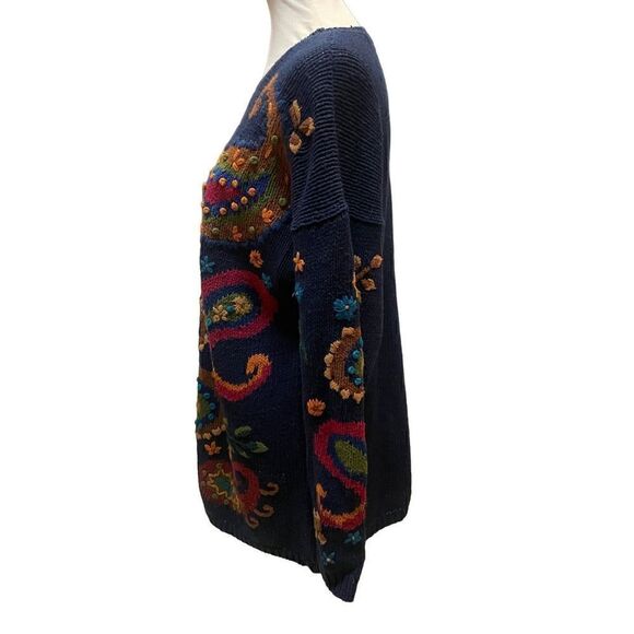 Christina Navy Blue with Bright Colored Paisley Pattern Crewneck Long Sleeve Han - Picture 9 of 15